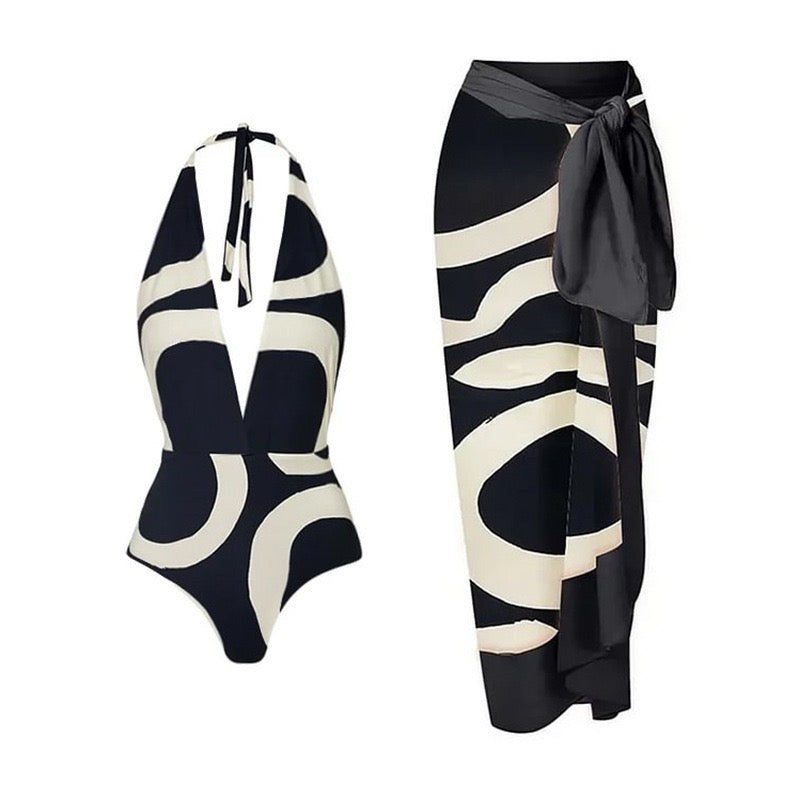 Bikini Sets Women Black White Abstract Halter Swimsuit Wrap Skirt | Cora
