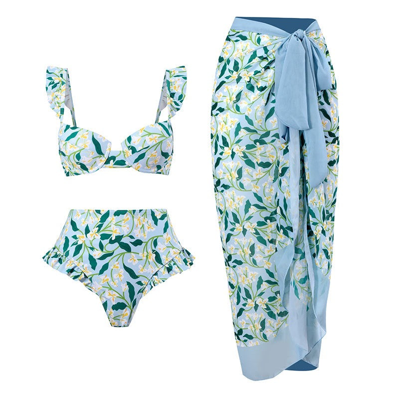 Women Bikini Sets Floral Ruffle 3 Piece with Wrap Skirt | Linnea