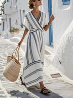 Women striped maxi dress with wrap silhouette in white and apricot