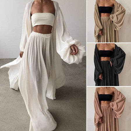 Women's 3-piece summer set with blazer, wide-leg trousers and top, S–3XL