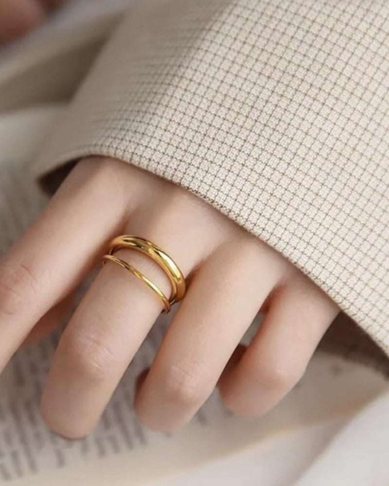 Gold tone infinity band ring for women, adjustable open spiral stainless steel