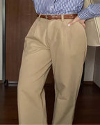 Women high waist wide leg pleated trousers with belt in cream and khaki