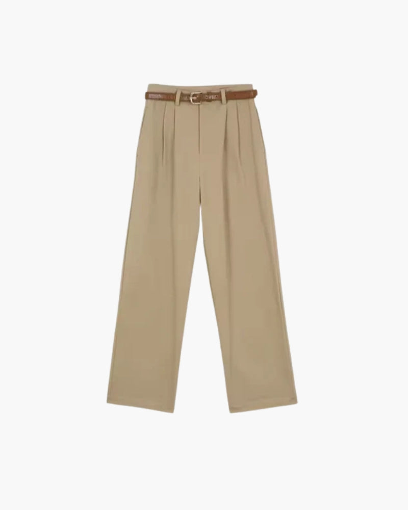Women high waist wide leg pleated trousers with belt in cream and khaki