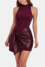 Women's halter neck mini party dress, fitted silhouette in black, burgundy and brown