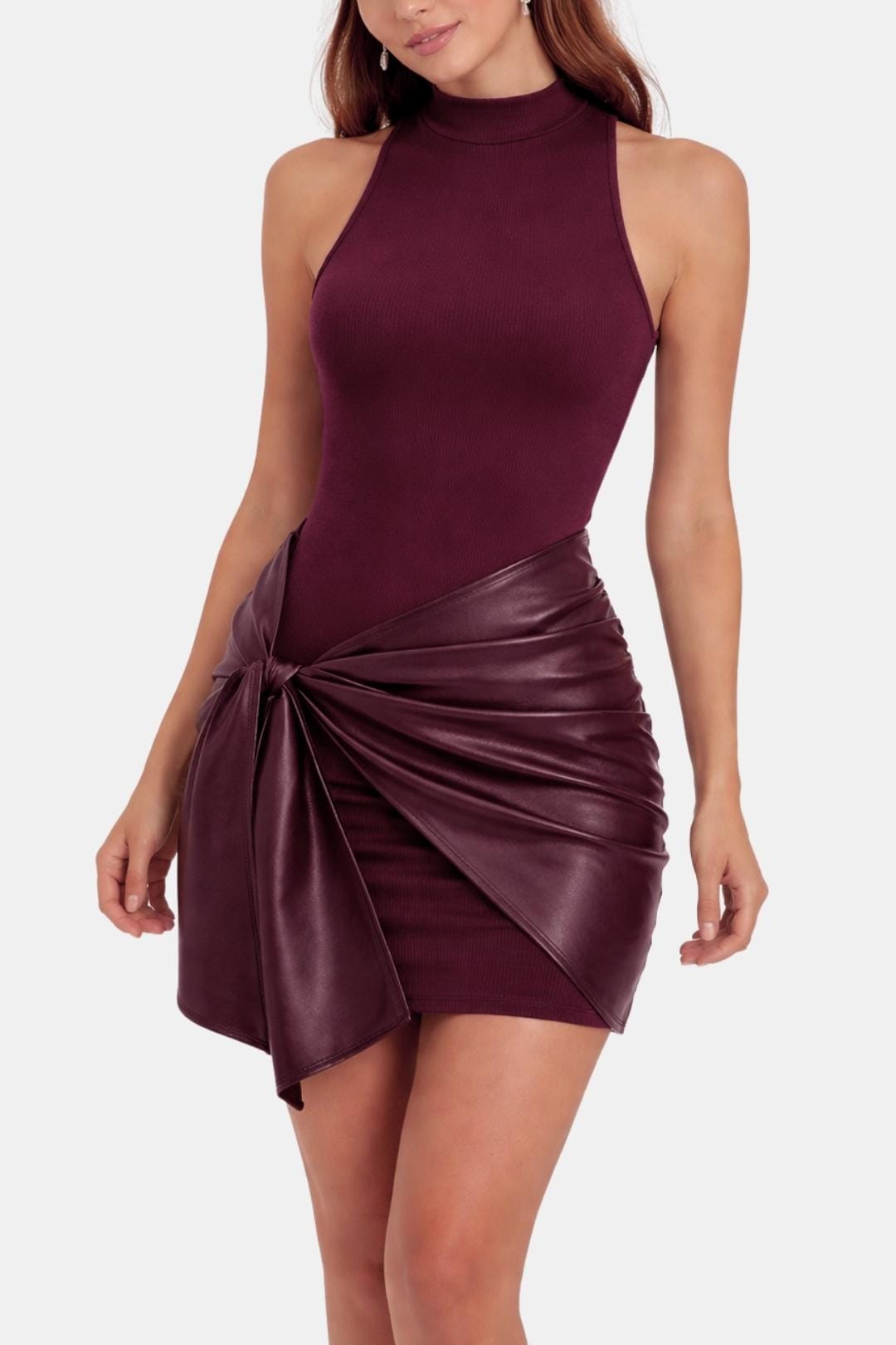 Women's halter neck mini party dress, fitted silhouette in black, burgundy and brown