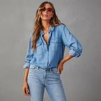 Women denim shirt classic fit in blue, cotton button-up top