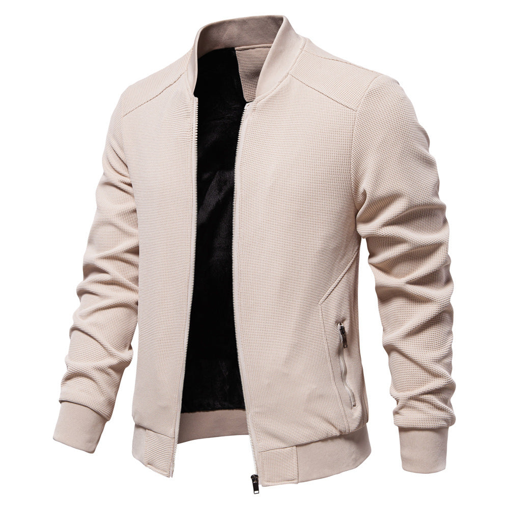 Men zip up bomber jacket with quilted shoulder detail and ribbed collar