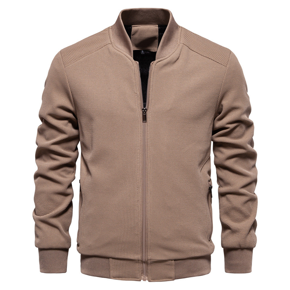 Men zip up bomber jacket with quilted shoulder detail and ribbed collar