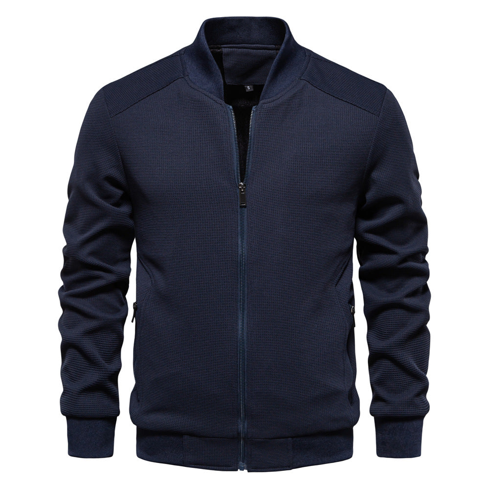 Men zip up bomber jacket with quilted shoulder detail and ribbed collar