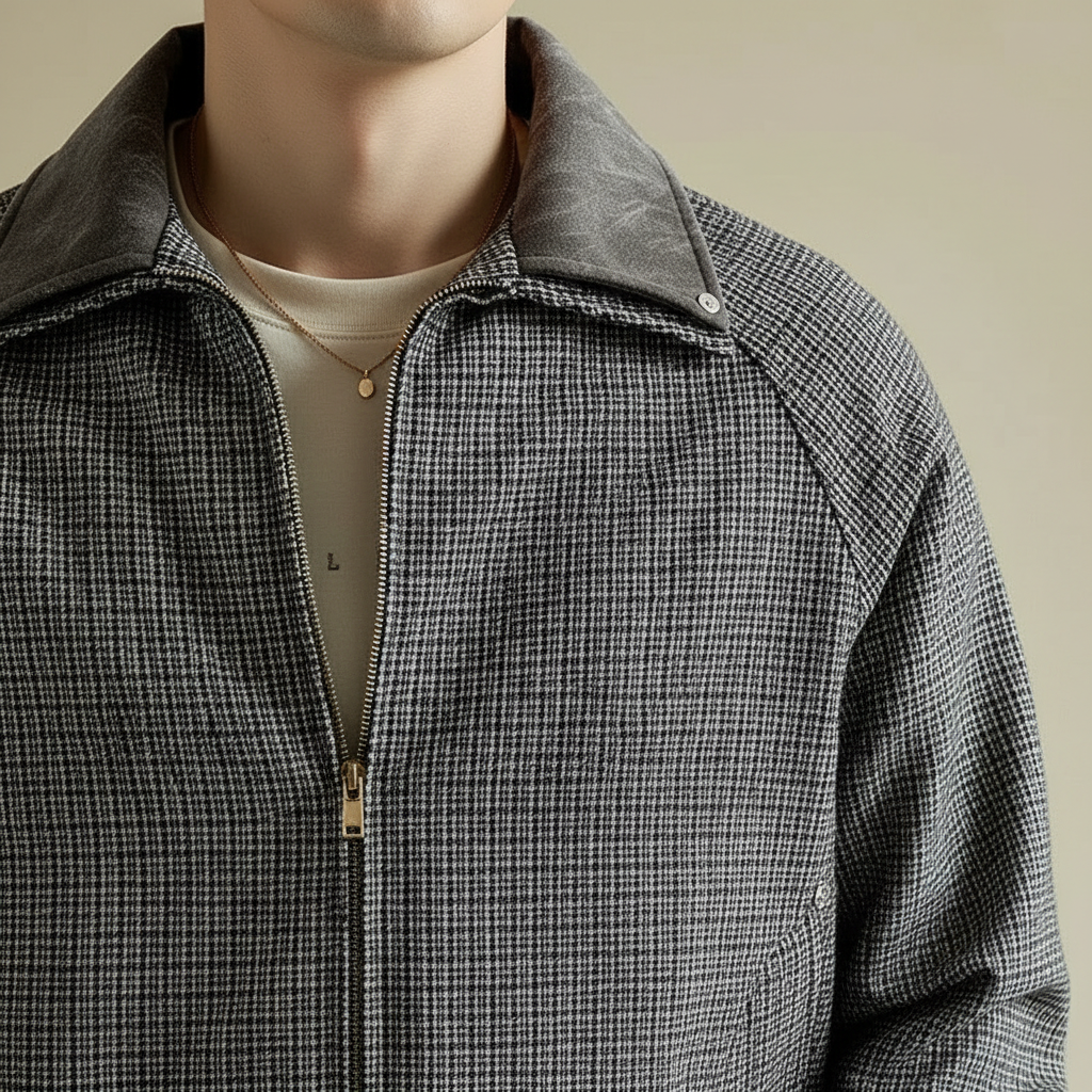 Men cotton blend sport jacket tailored fit with micro-check pattern and full zip