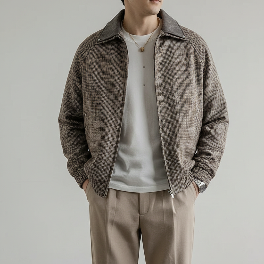 Men cotton blend sport jacket tailored fit with micro-check pattern and full zip