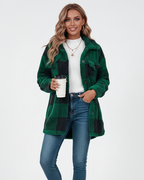 Women plush fleece jacket plaid pattern relaxed fit winter outerwear