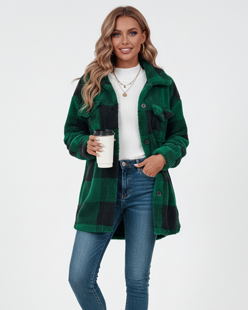 Women plush fleece jacket plaid pattern relaxed fit winter outerwear