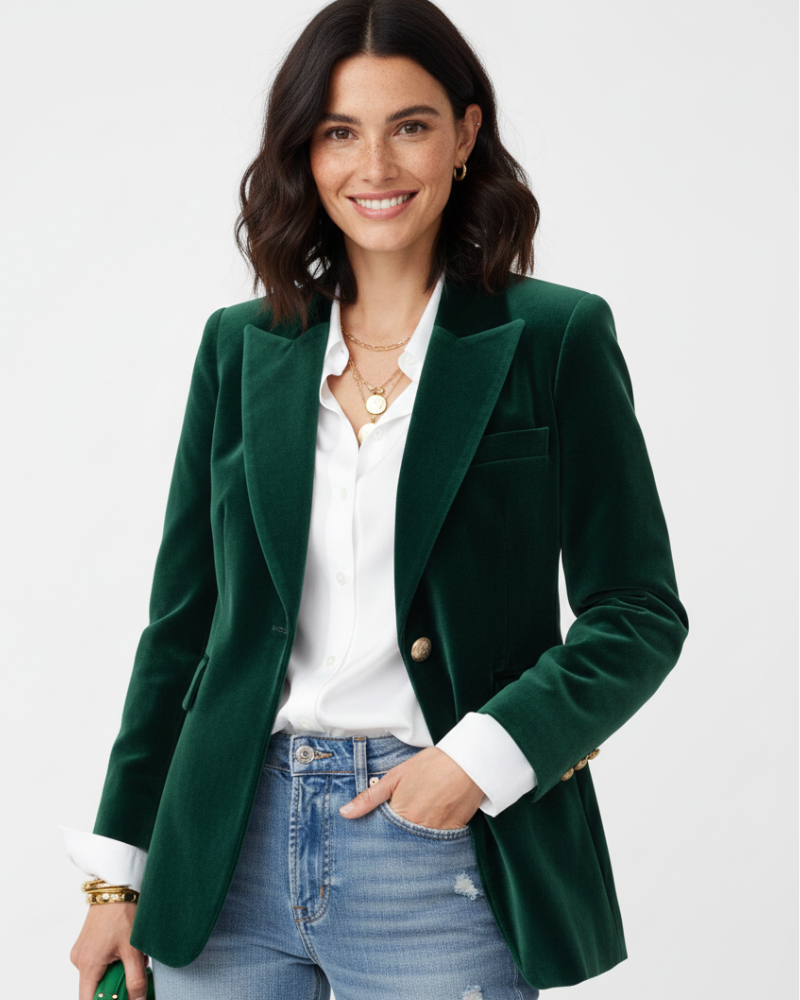 Women's velvet blazer structured button-front, elegant feminine fit