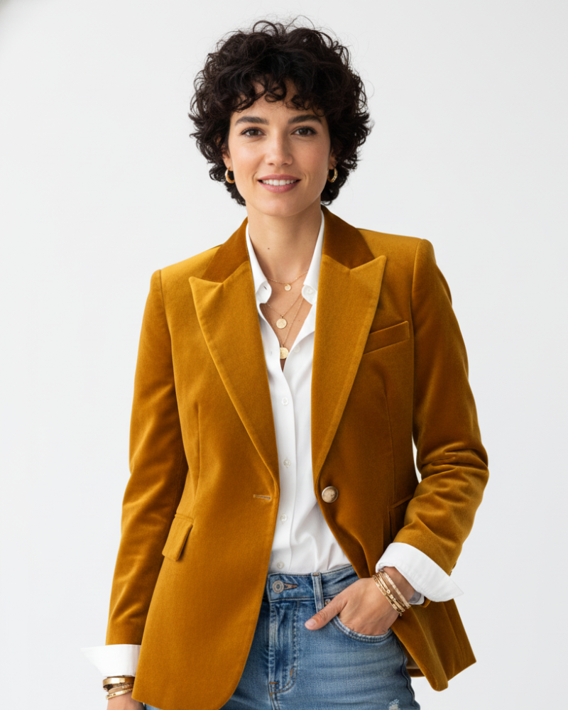 Women's velvet blazer structured button-front, elegant feminine fit