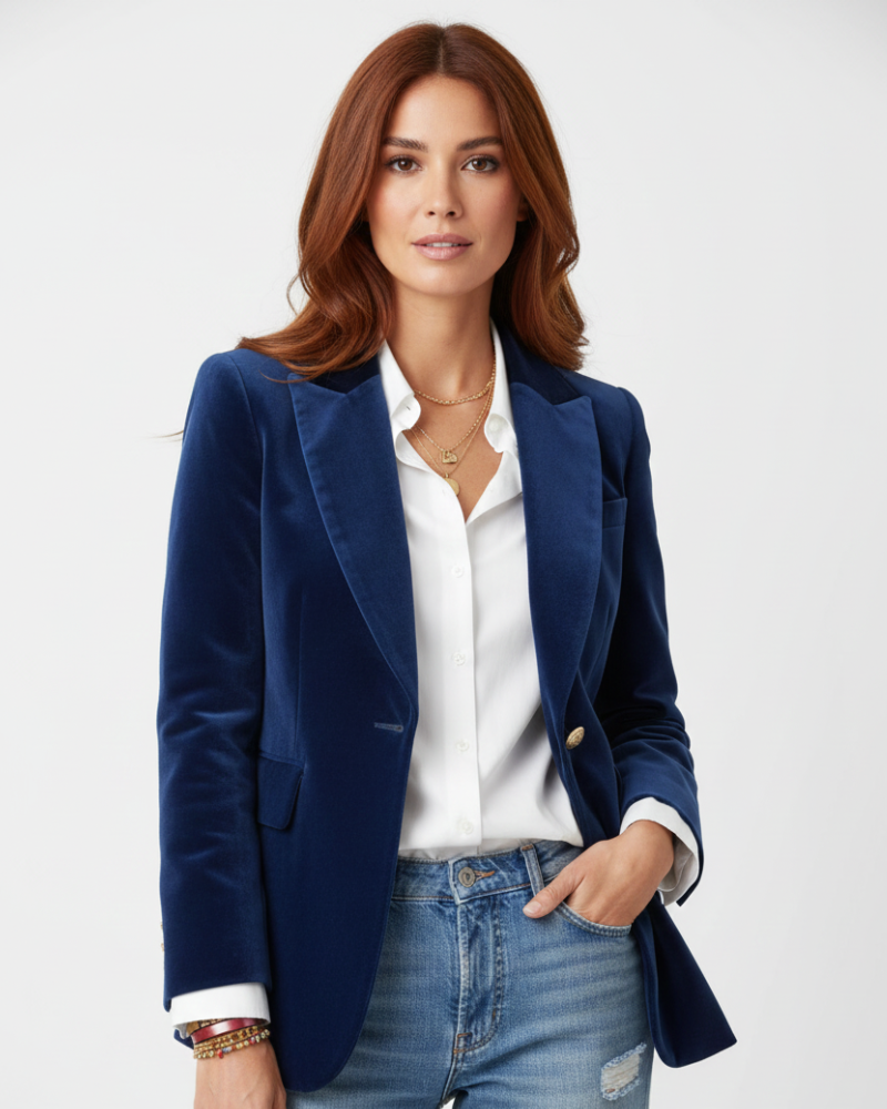Women's velvet blazer structured button-front, elegant feminine fit