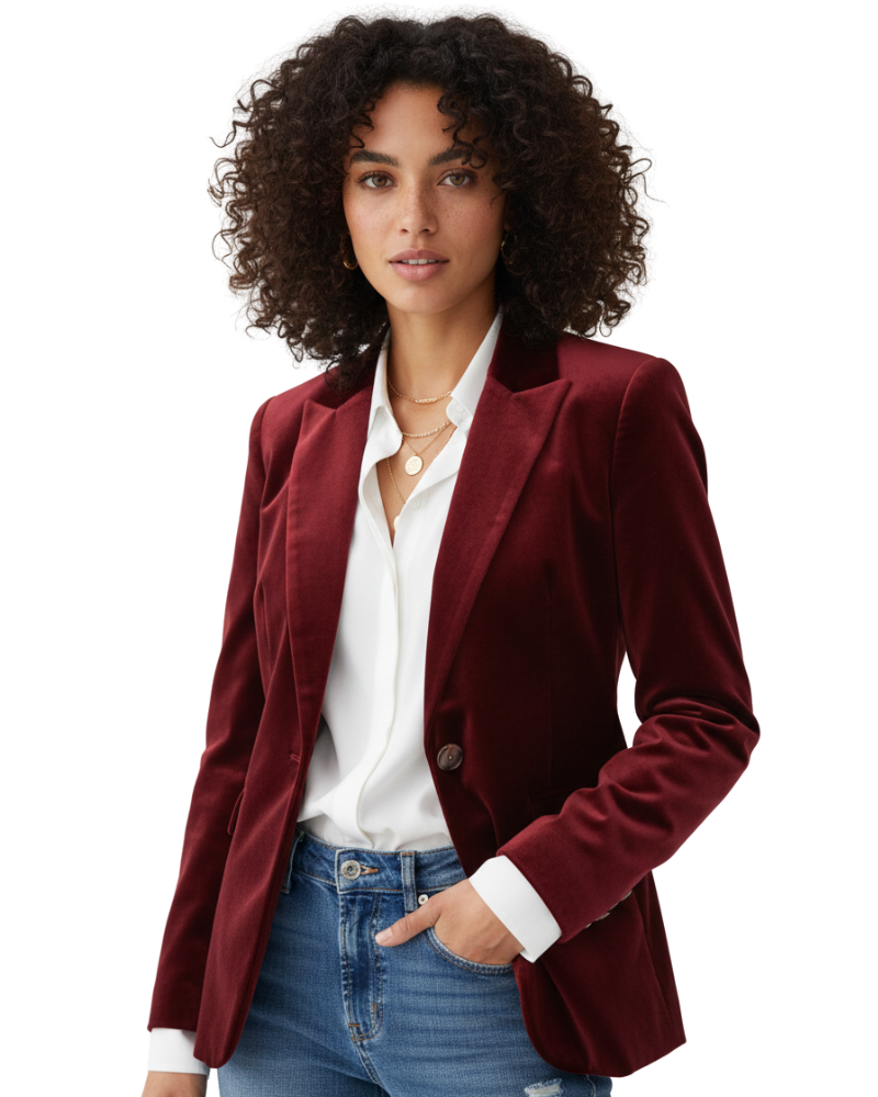Women's velvet blazer structured button-front, elegant feminine fit