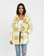 Women plush fleece jacket plaid pattern relaxed fit winter outerwear