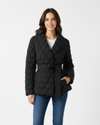 Women quilted short jacket belted 3D pattern lapel collar winter