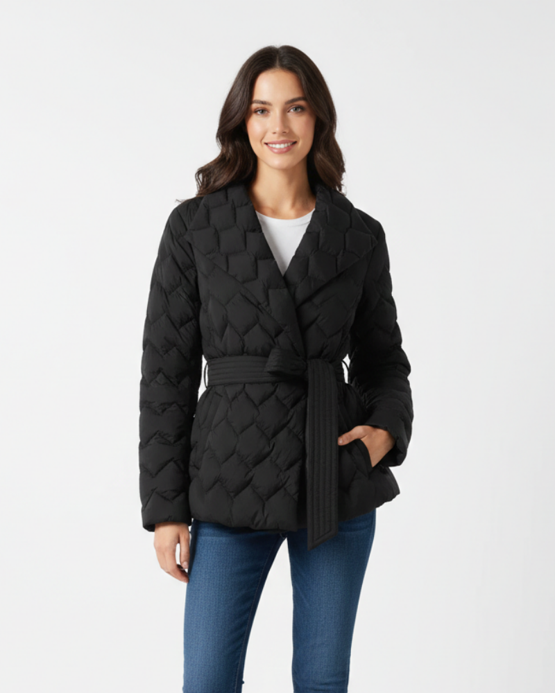 Women quilted short jacket belted 3D pattern lapel collar winter