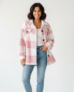 Women plush fleece jacket plaid pattern relaxed fit winter outerwear