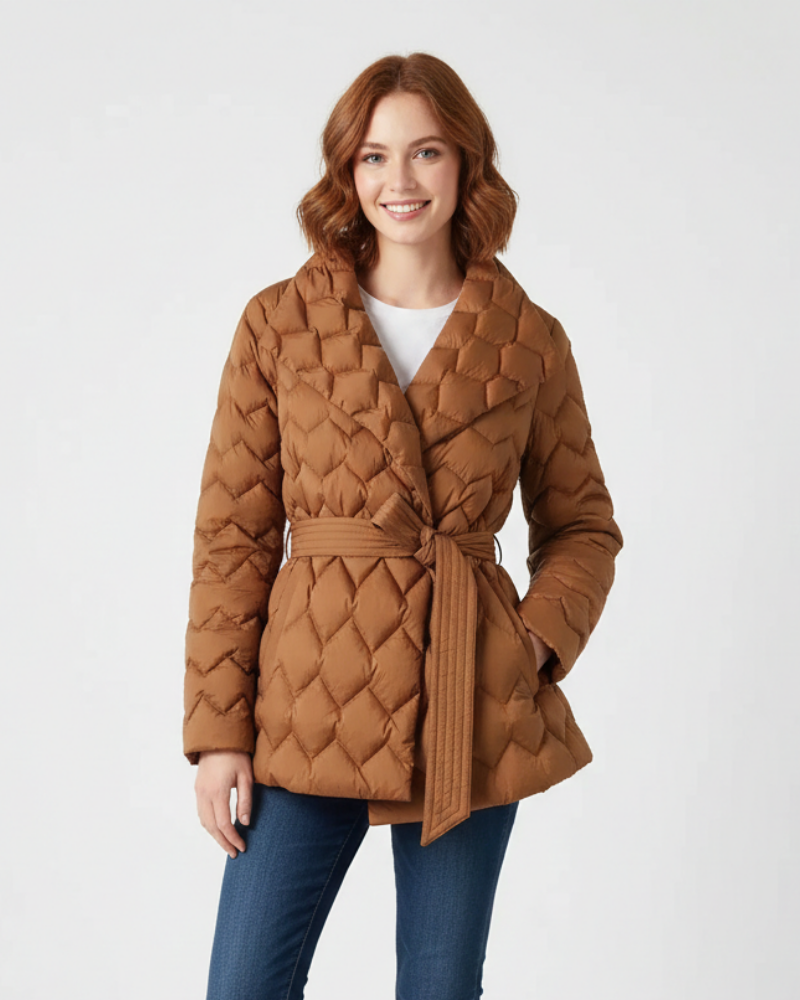 Women quilted short jacket belted 3D pattern lapel collar winter