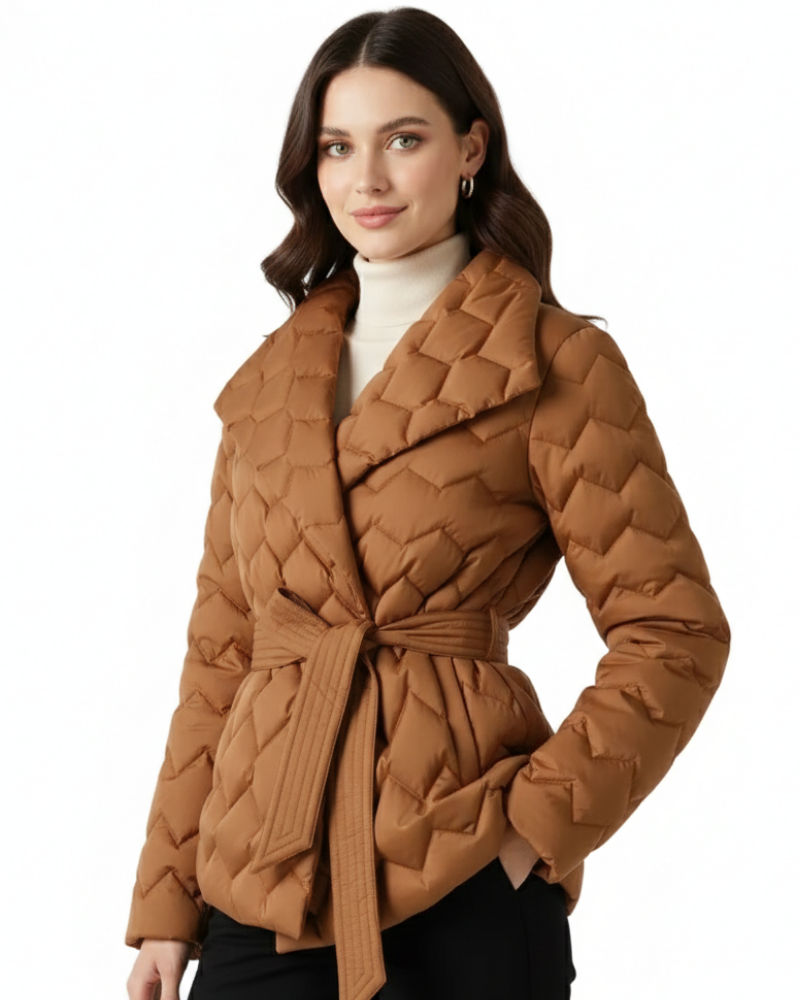 Women quilted short jacket belted 3D pattern lapel collar winter