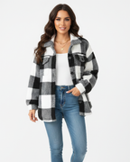 Women plush fleece jacket plaid pattern relaxed fit winter outerwear