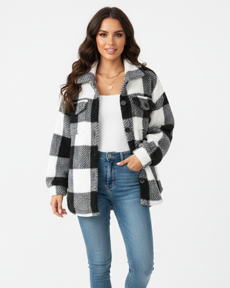 Women plush fleece jacket plaid pattern relaxed fit winter outerwear