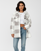 Women plush fleece jacket plaid pattern relaxed fit winter outerwear