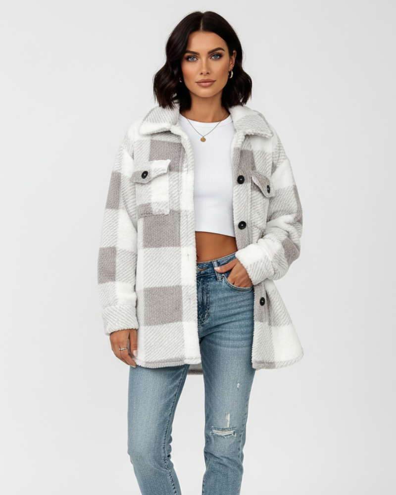 Women plush fleece jacket plaid pattern relaxed fit winter outerwear