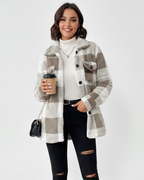 Women plush fleece jacket plaid pattern relaxed fit winter outerwear