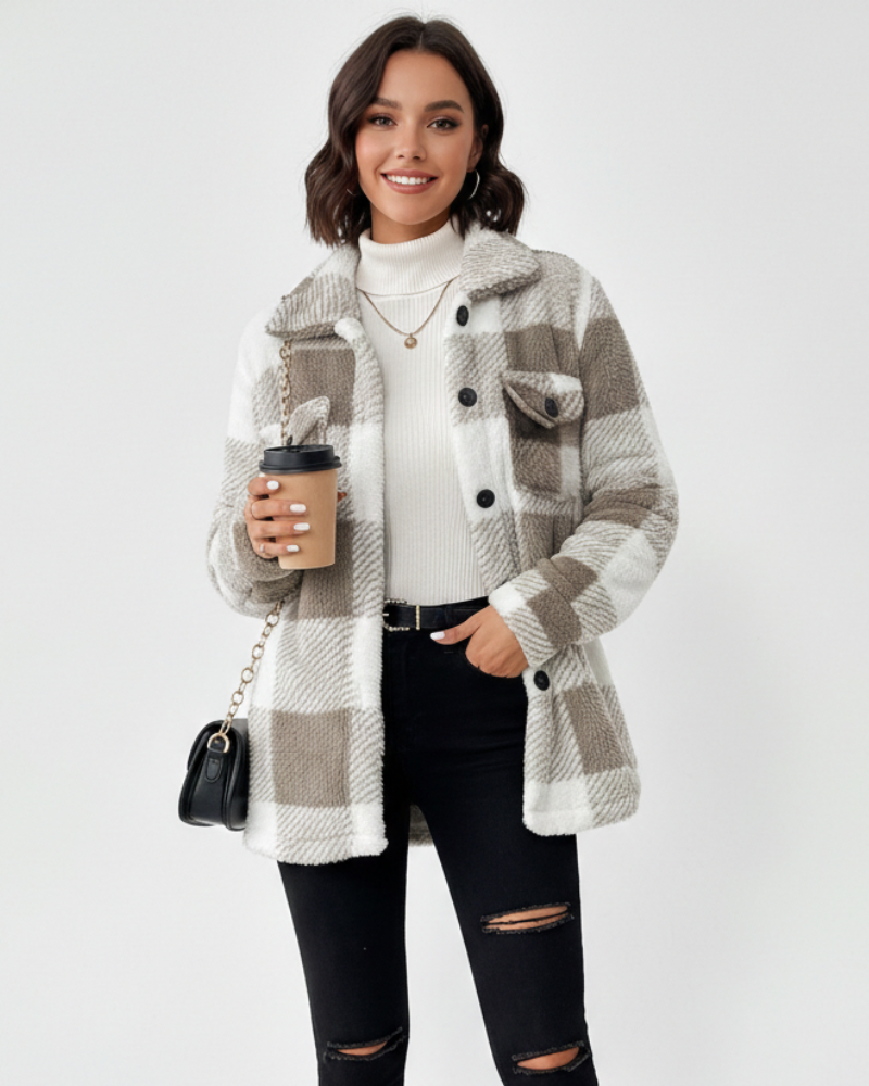Women plush fleece jacket plaid pattern relaxed fit winter outerwear