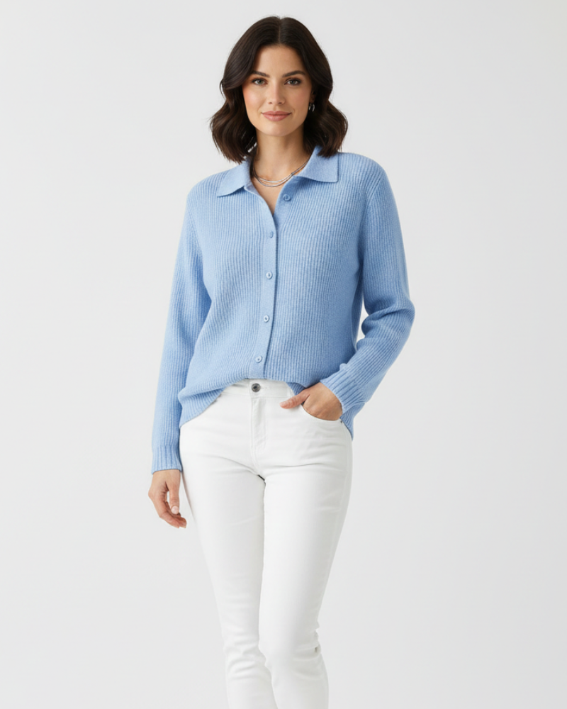 Women cotton stretch fitted cardigan with shirt collar long sleeves