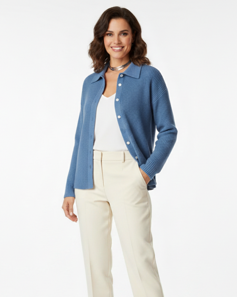 Women cotton stretch fitted cardigan with shirt collar long sleeves