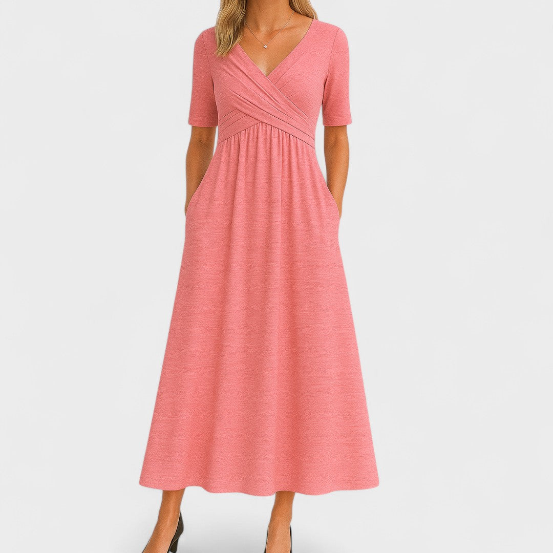 Women's midi dress with V-neck, elegant and versatile in multiple colours