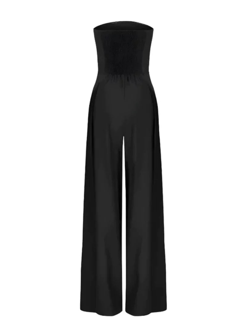 Women's strapless wide-leg jumpsuit in navy, black and beige — elegant summer style