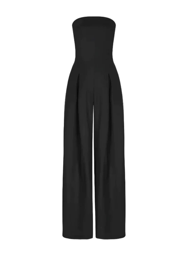Women's strapless wide-leg jumpsuit in navy, black and beige — elegant summer style