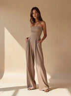 Women's strapless wide-leg jumpsuit in navy, black and beige — elegant summer style