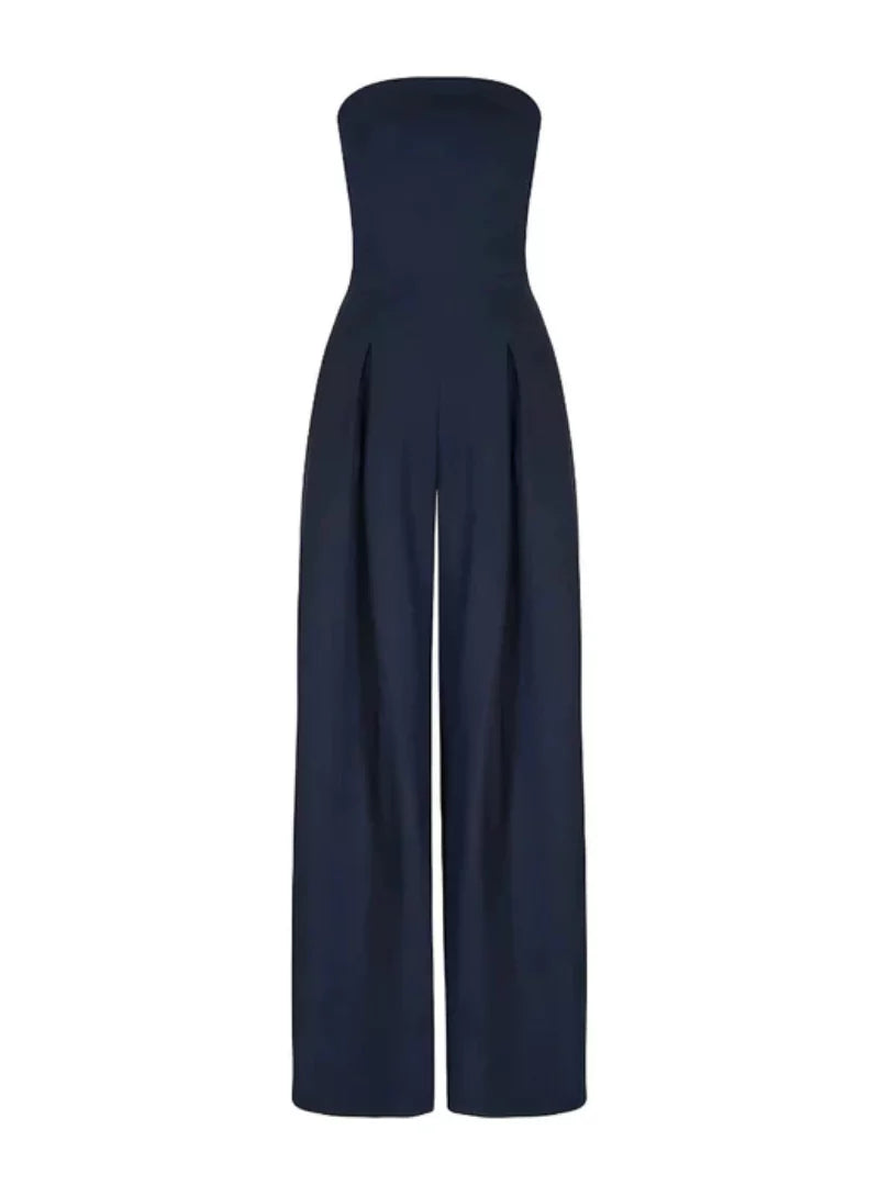 Women's strapless wide-leg jumpsuit in navy, black and beige — elegant summer style