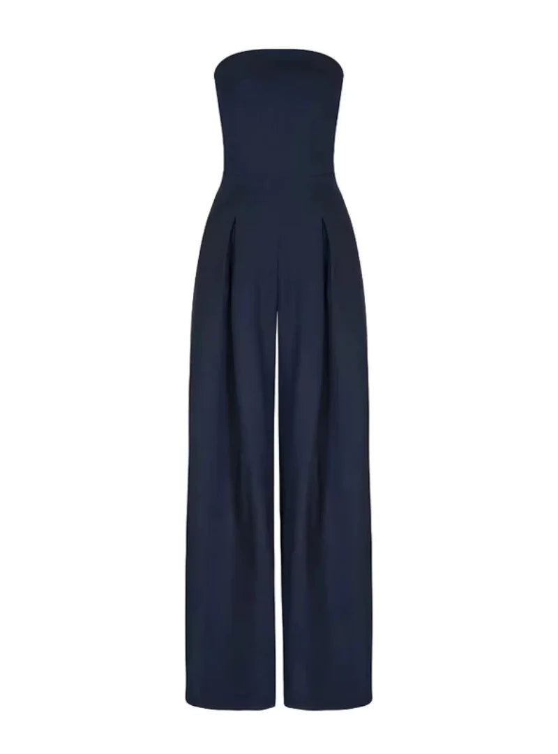 Women's strapless wide-leg jumpsuit in navy, black and beige — elegant summer style