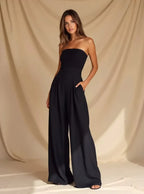 Women's strapless wide-leg jumpsuit in navy, black and beige — elegant summer style