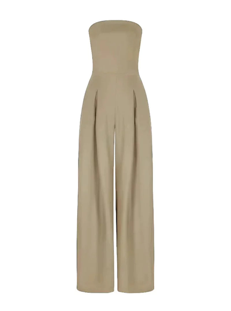 Women's strapless wide-leg jumpsuit in navy, black and beige — elegant summer style
