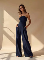 Women's strapless wide-leg jumpsuit in navy, black and beige — elegant summer style