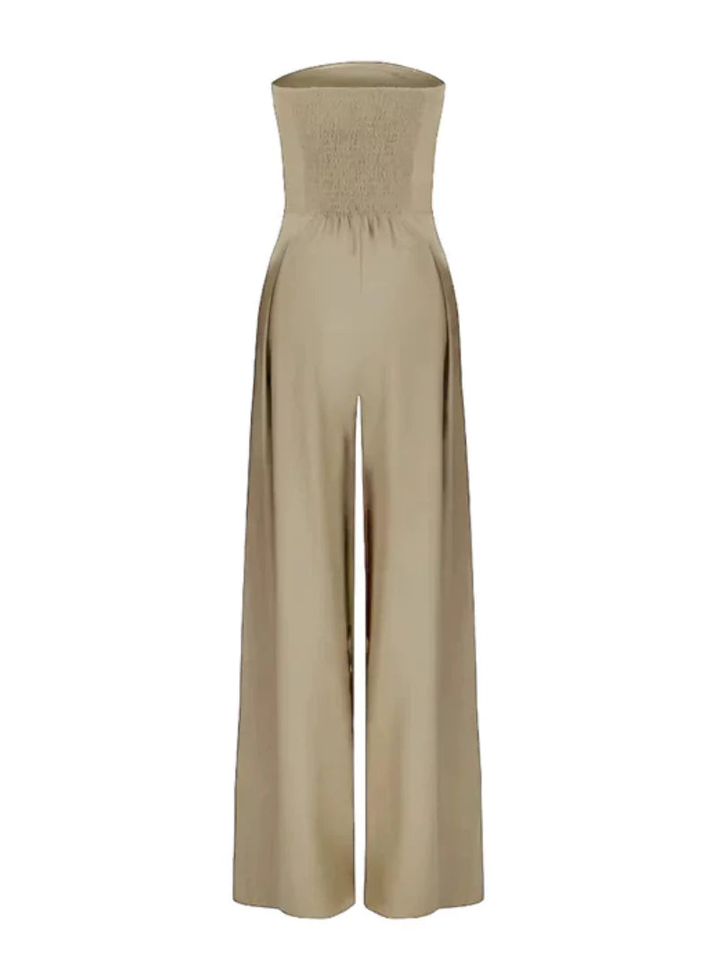 Women's strapless wide-leg jumpsuit in navy, black and beige — elegant summer style