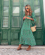 Women's spring dress lightweight flowy casual day dress in green and white