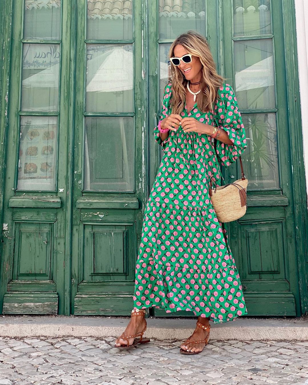 Women's spring dress lightweight flowy casual day dress in green and white