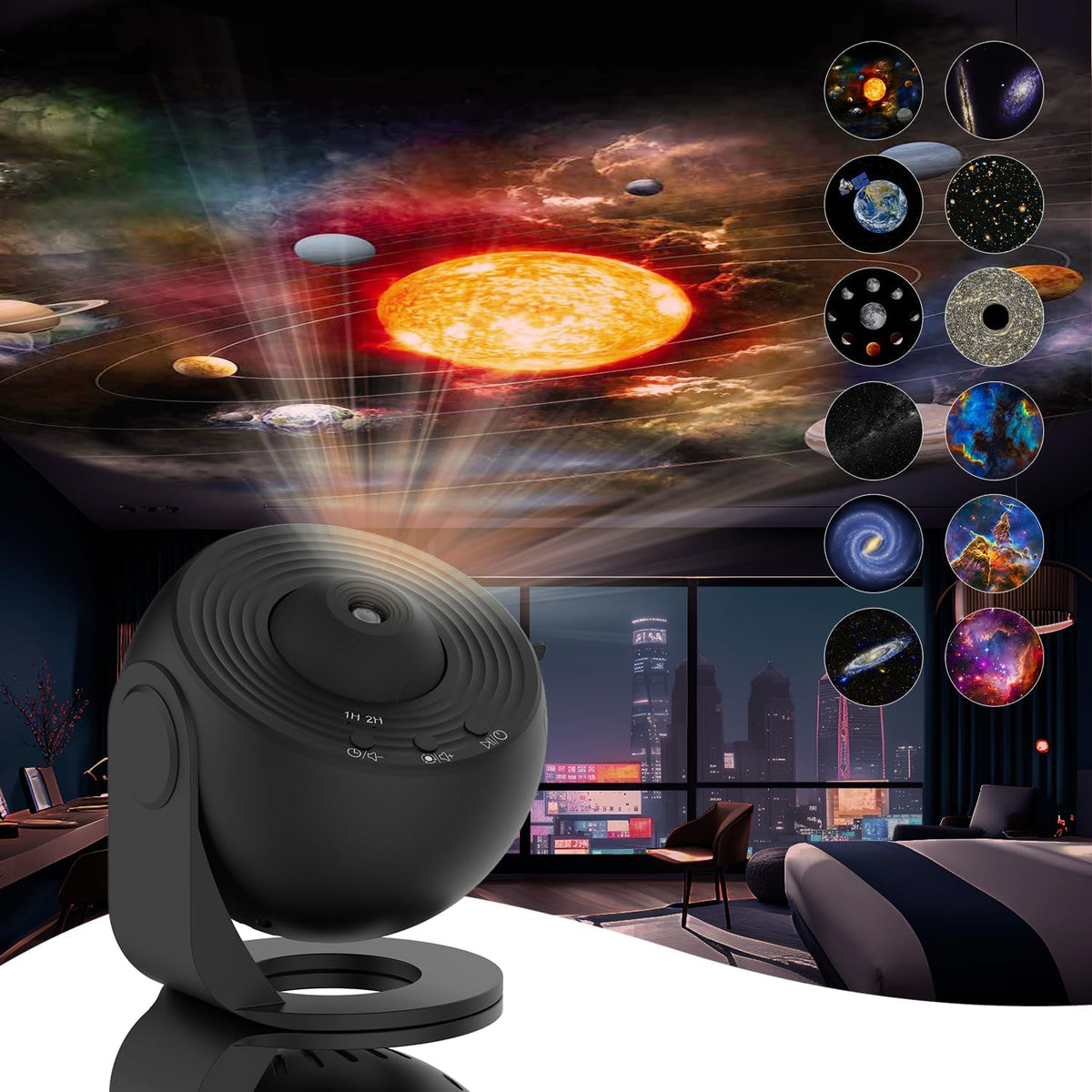 Star projector 360° rotating galaxy night light with 12 projection effects and timer