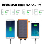 Solar power bank 25000mAh with 4 solar panels and 3 USB outputs for outdoor use