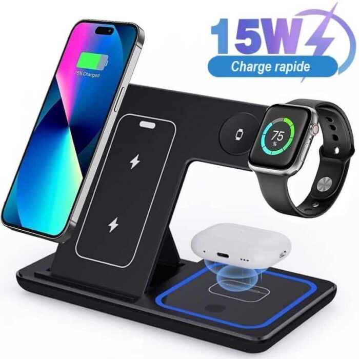 3-in-1 wireless charging station for iPhone Apple Watch and AirPods, foldable magnetic design